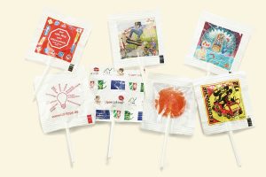 flat promotion lollipops by Küfa with individually printed foil