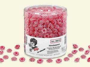 clear plastic jar with 2 kg Küfa raspberries (candies with raspberry flavour in shape of raspberries)