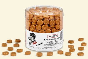Klarsichtdose mit 2 kg Küfa Knuspermünzen (Knuspertaler, Karamell-Bonbons mit Nougatcremefüllung)