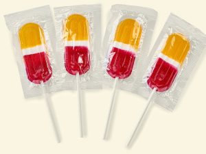 Küfa Fruit Block lollieselongated-oval yellow-white-red lollipops with lemon flavor