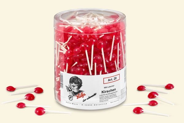 a transparent jar with 500 Küfa Cherry Lollies