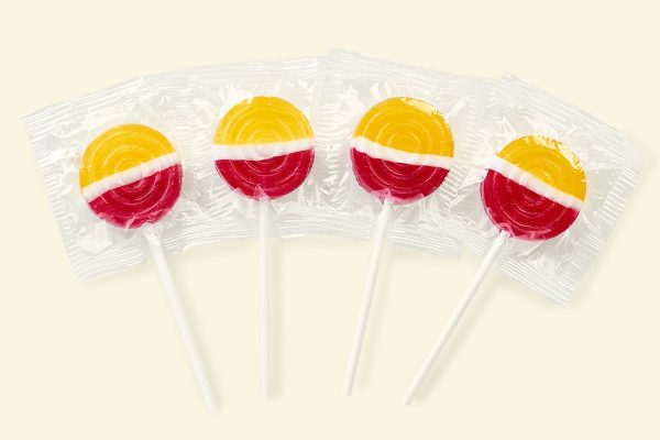 Küfa Lollipop Frucht runde, flache, gelb-weiß-rote Lutscher mit Zitronengeschmack