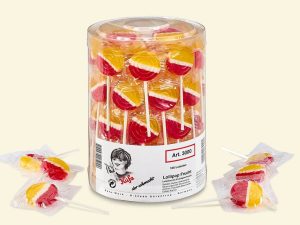 a transparent jar with 100 Küfa Lollipop Fruit (lollipops/lollies)