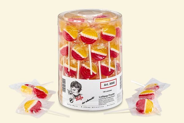 eine Klarsichtdose mit 100 Küfa Lollipop Frucht (Lutscher/Lollies)
