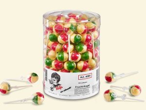 a clear plastic jar with 100 Küfa Fruit-Ball lollies