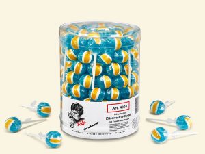 transparent plastic jar with 100 Küfa Lemon-Ice-Ball (lollipops)