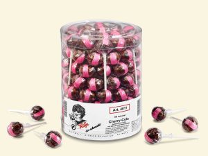 transparent jar with 100 Küfa Cherry Cola Lolly (lollipops)