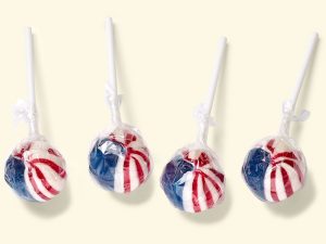 American Cola with Sherbet Powder lollipop (lolly) in the colors of the USA flag with cola flavor (caffeine-free)