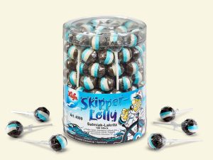 transparent plastic jar with 100 Küfa Skipper-Lolly, Salmiak (ammonium)-Licorice