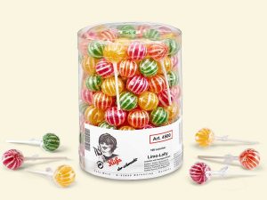 transparent plastic jar with 100 Küfa Limo Lolly (lollipops)