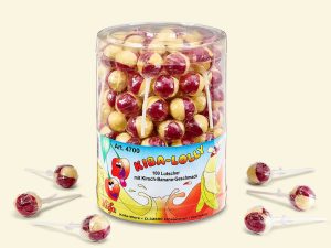 a transparent plastic jar with 100 Küfa KiBa-Lolly (cherry-banana flavored lollipops)