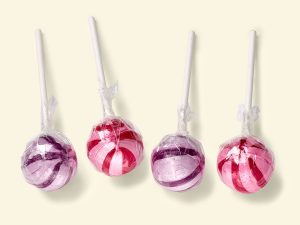 Küfa Lolli-Fairy lilac and pink striped lollies with cherry and strawberry taste