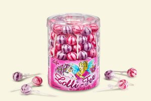 eine Klarsichtdose mit 100 Küfa Lolli-Fee (pastellfarben pink und lila Lutscher mit Kirsch- und Erdbeergeschmack)