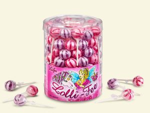 a clear plastic jar with 100 Küfa Lolli-Fairy (pastel pink and purple cherry and strawberry flavored lollipops)