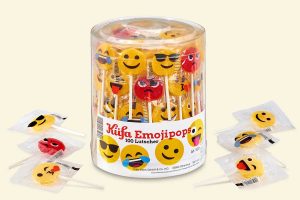 transparent plastic jar with 100 Küfa Emojipops lollies.