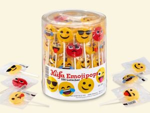 eine Klarsichtdose mit 100 Küfa Emojipops Lutscher/Lollies
