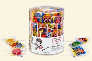 eine Klarsichtdose mit 100 Küfa Candy-Pop Lutscher/Lollies