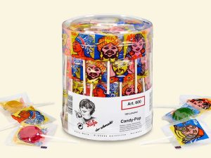 eine Klarsichtdose mit 100 Küfa Candy-Pop Lutscher/Lollies
