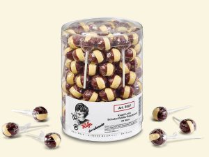 transparent plastic jar with 100 ball-shaped Küfa lollipops with choco and vanilla flavour