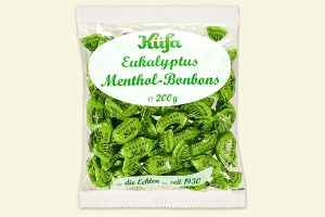 transparent bag with 200 g Küfa Eukalyptus Menthol Candies (wrapped in green wax paper)
