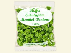 transparent bag with 200 g Küfa Eukalyptus Menthol Candies (wrapped in green wax paper)