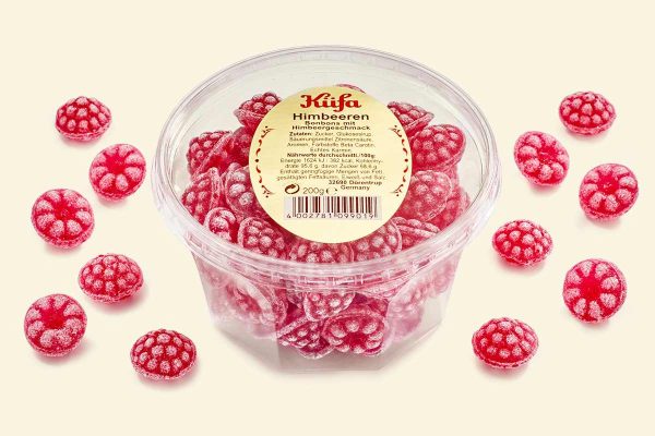 self-service package with 200 g raspberry sweets, transparent cup (jar / Autopack / Bonbonmeisterserie)