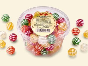 Bonbonpackung mit 200 g Fruchtbonbons in Stachelbeerform (verschiedene Geschmacksrichtungen), transparenter Becher (Dose / Autopack / Bonbonmeisterserie)