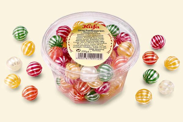 Bonbonpackung mit 200 g Fruchtbonbons in Stachelbeerform (verschiedene Geschmacksrichtungen), transparenter Becher (Dose / Autopack / Bonbonmeisterserie)
