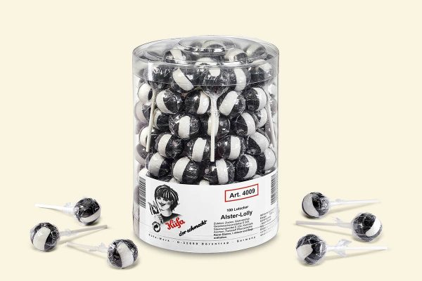 100 Küfa Alster Ball lollipops in a transparent plastic jar