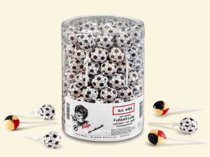 transparent plastic jar with 100 lollipops with soccer ball pattern